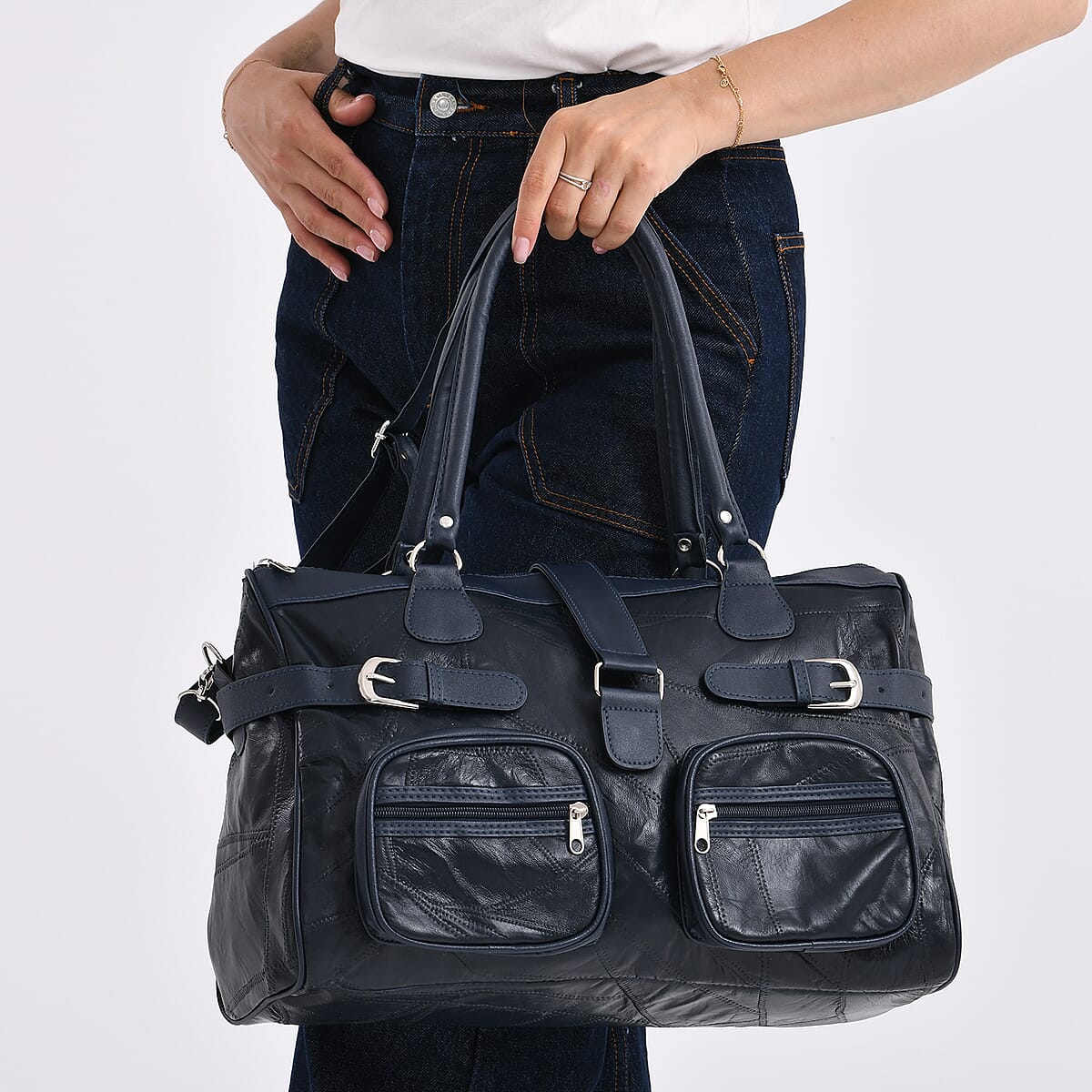 Doorbuster Blue Patchwork Sheep Leather Crossbody Bag with Shoulder Strap image number 3