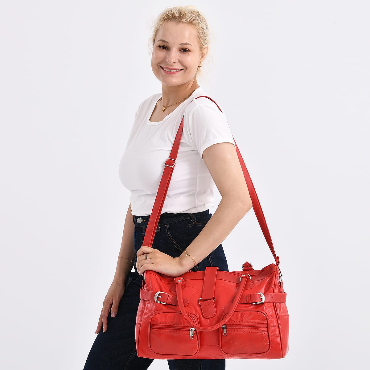 Doorbuster Red Patchwork Sheep Leather Crossbody Bag with Shoulder Strap image number 2