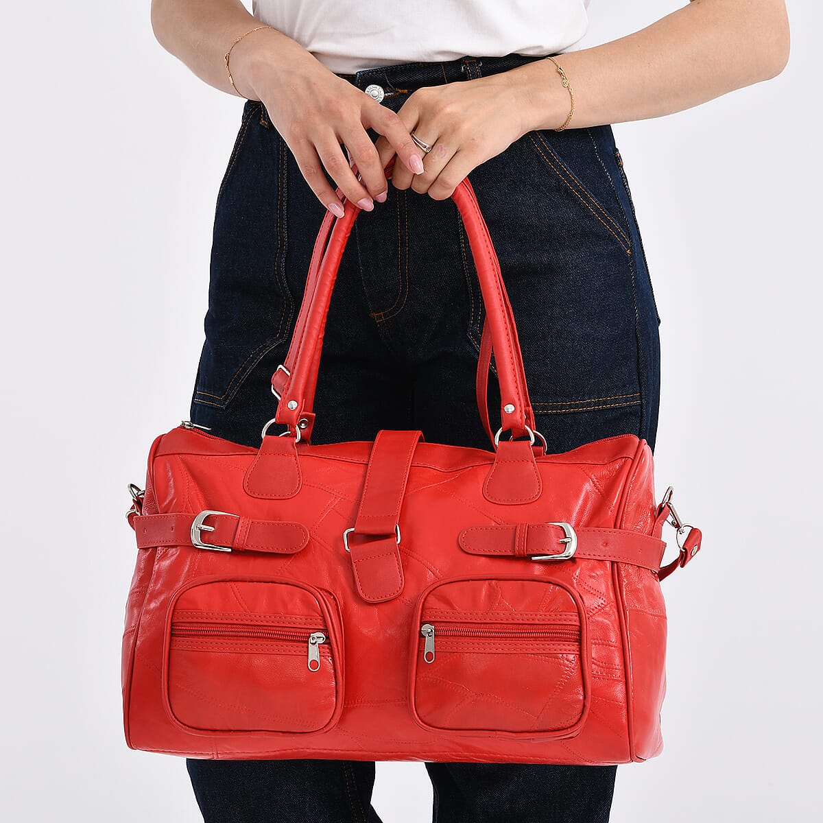 Doorbuster Red Patchwork Sheep Leather Crossbody Bag with Shoulder Strap image number 3