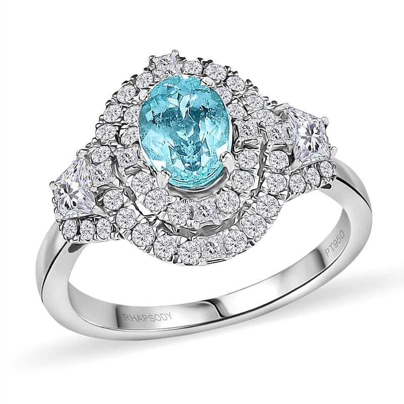 Rhapsody 950 Platinum AAAA Paraiba Tourmaline, Diamond (E-F, VS2) (1.10 cts) Ring (Size 5.0) (7.25 g) 2.30 ctw