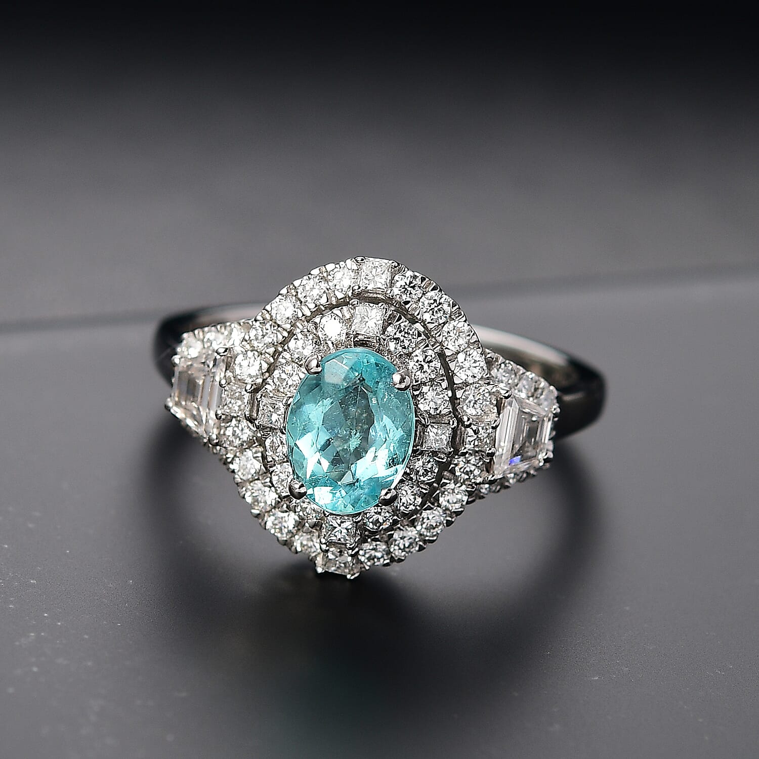 Rhapsody 950 Platinum AAAA Paraiba Tourmaline, Diamond (E-F, VS2) (1.10 cts) Ring (Size 5.0) (7.25 g) 2.30 ctw