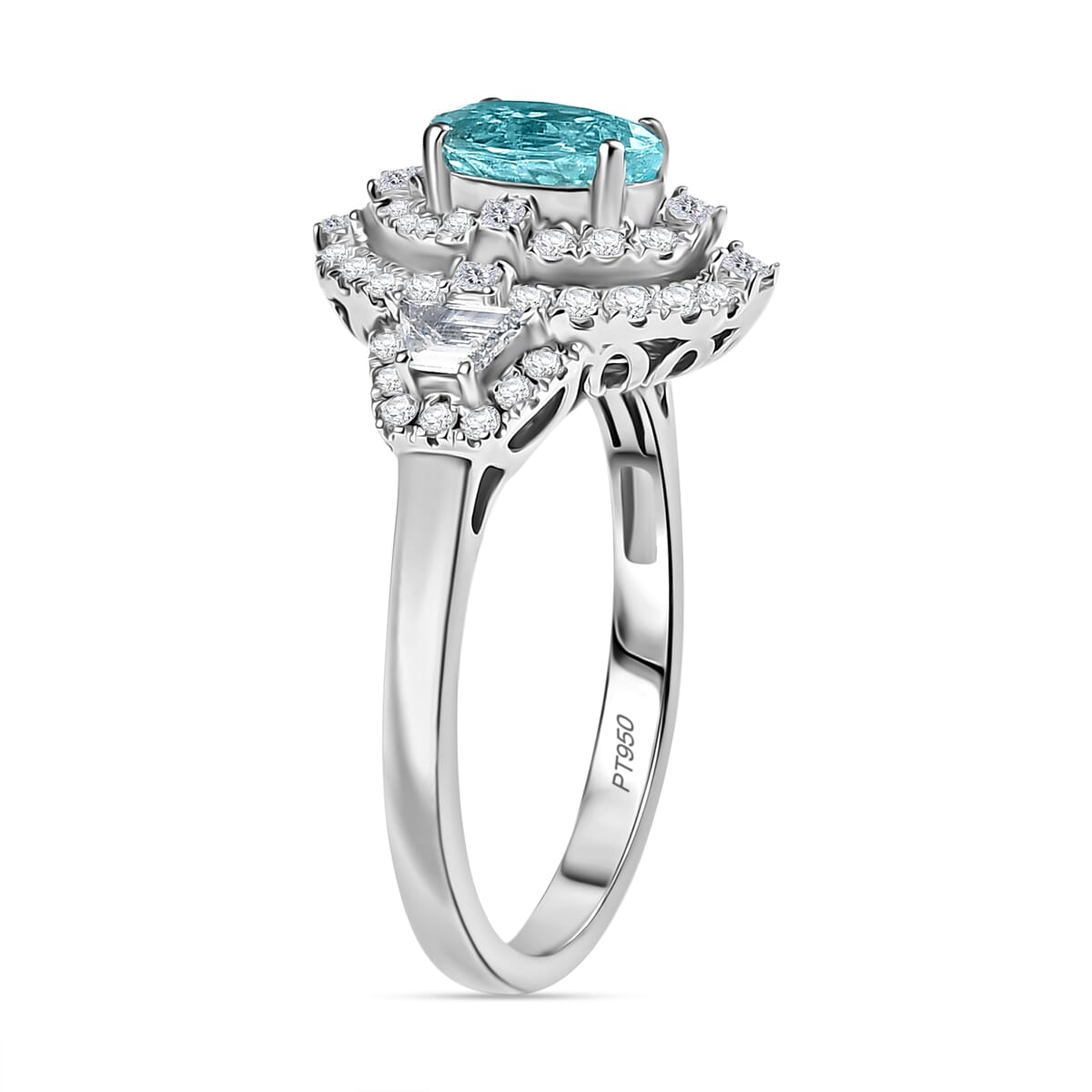 Certified & Appraised Rhapsody AAAA Paraiba Tourmaline and E-F VS2 Diamond 2.30 ctw Ring in 950 Platinum (Size 7.0) 7.25 Grams image number 3