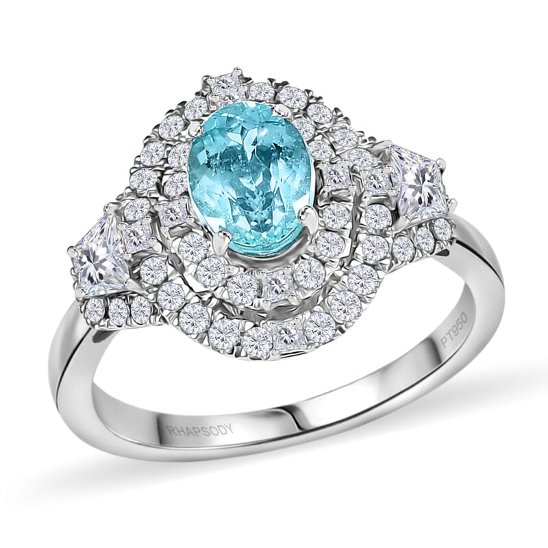 Rhapsody 950 Platinum AAAA Paraiba Tourmaline, Diamond (E-F, VS2) (1.10 cts) Ring (Size 7.5) (7.25 g) 2.30 ctw