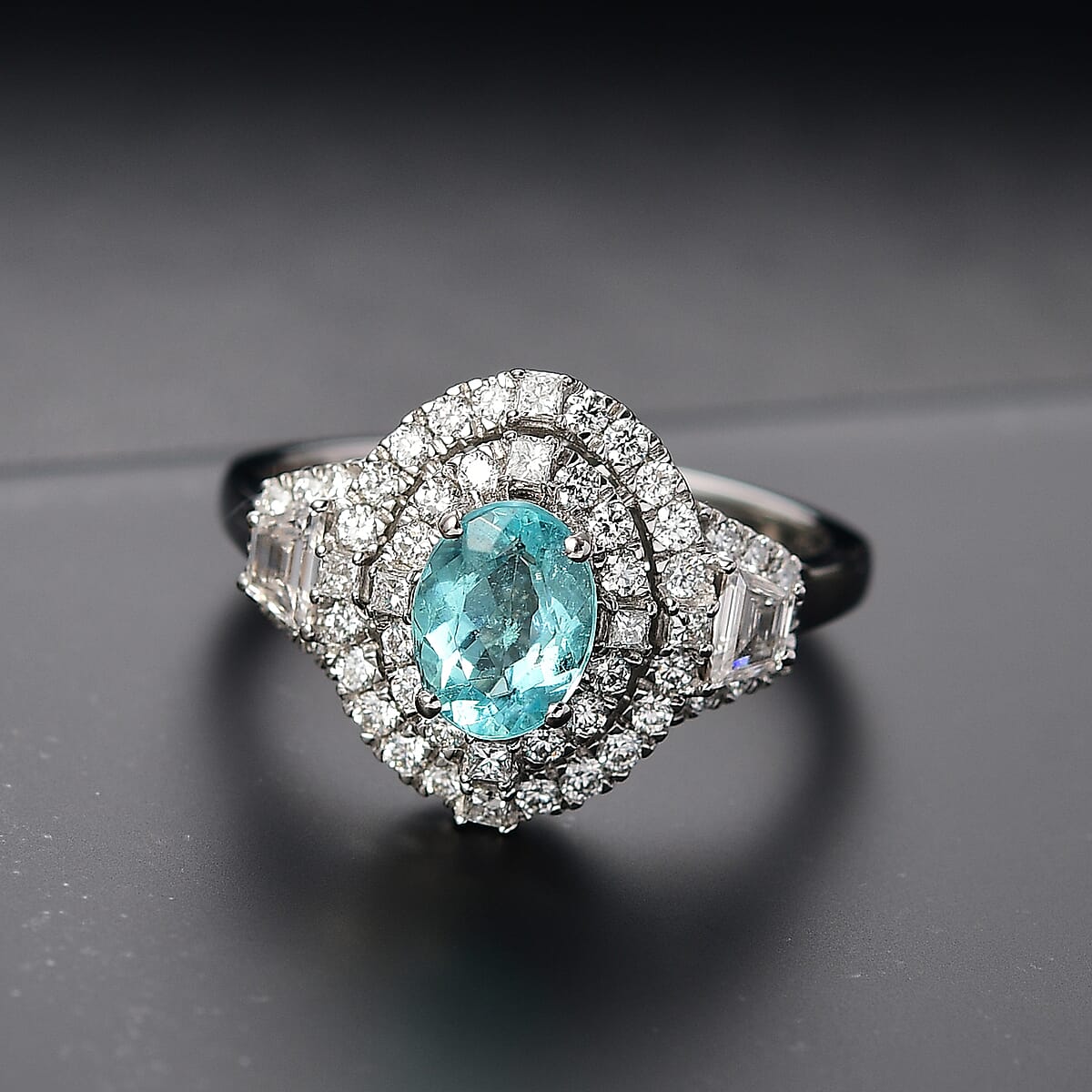 Certified & Appraised Rhapsody AAAA Paraiba Tourmaline and E-F VS2 Diamond 2.30 ctw Ring in 950 Platinum (Size 8.0) 7.25 Grams image number 1