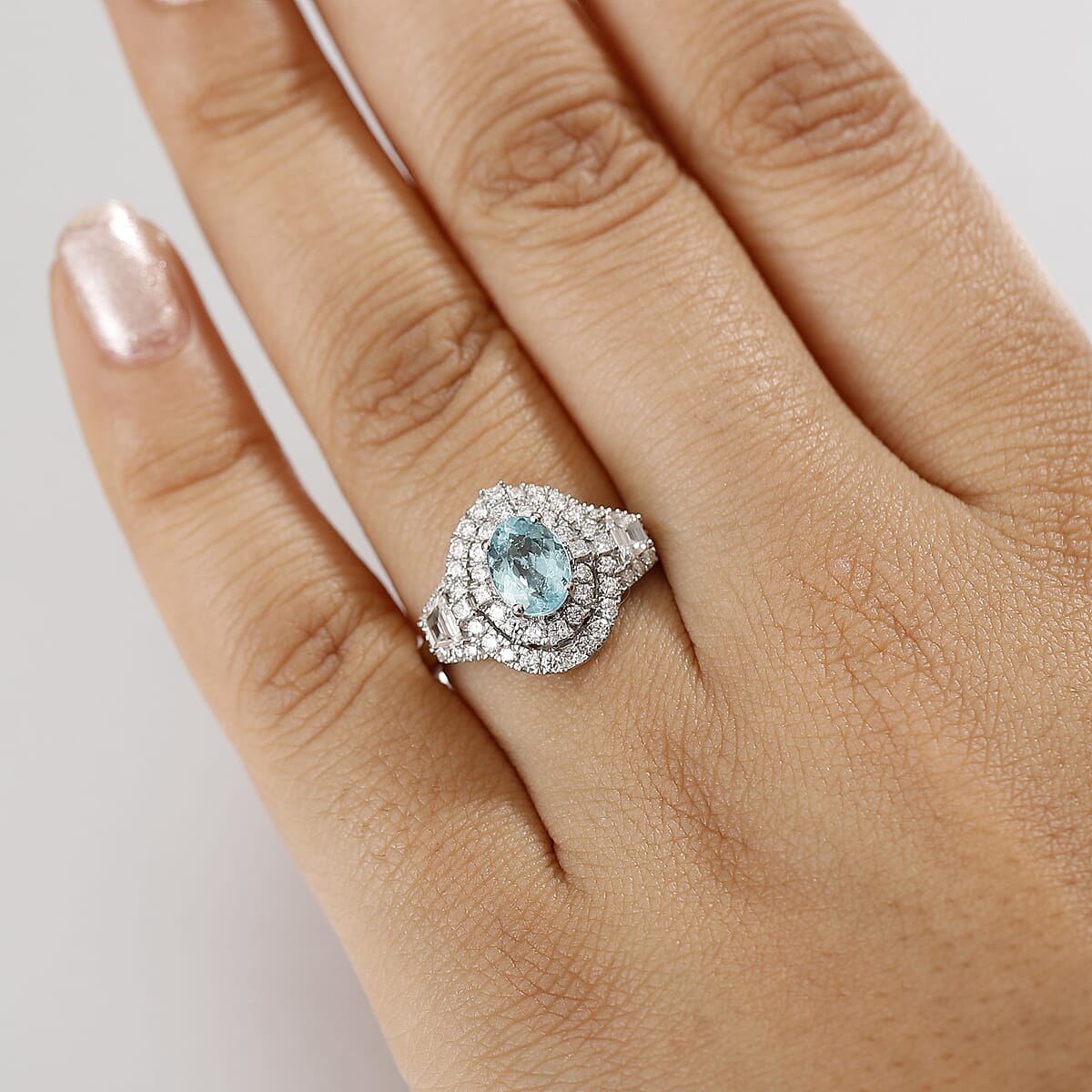 Certified & Appraised Rhapsody AAAA Paraiba Tourmaline and E-F VS2 Diamond 2.30 ctw Ring in 950 Platinum (Size 8.0) 7.25 Grams image number 2