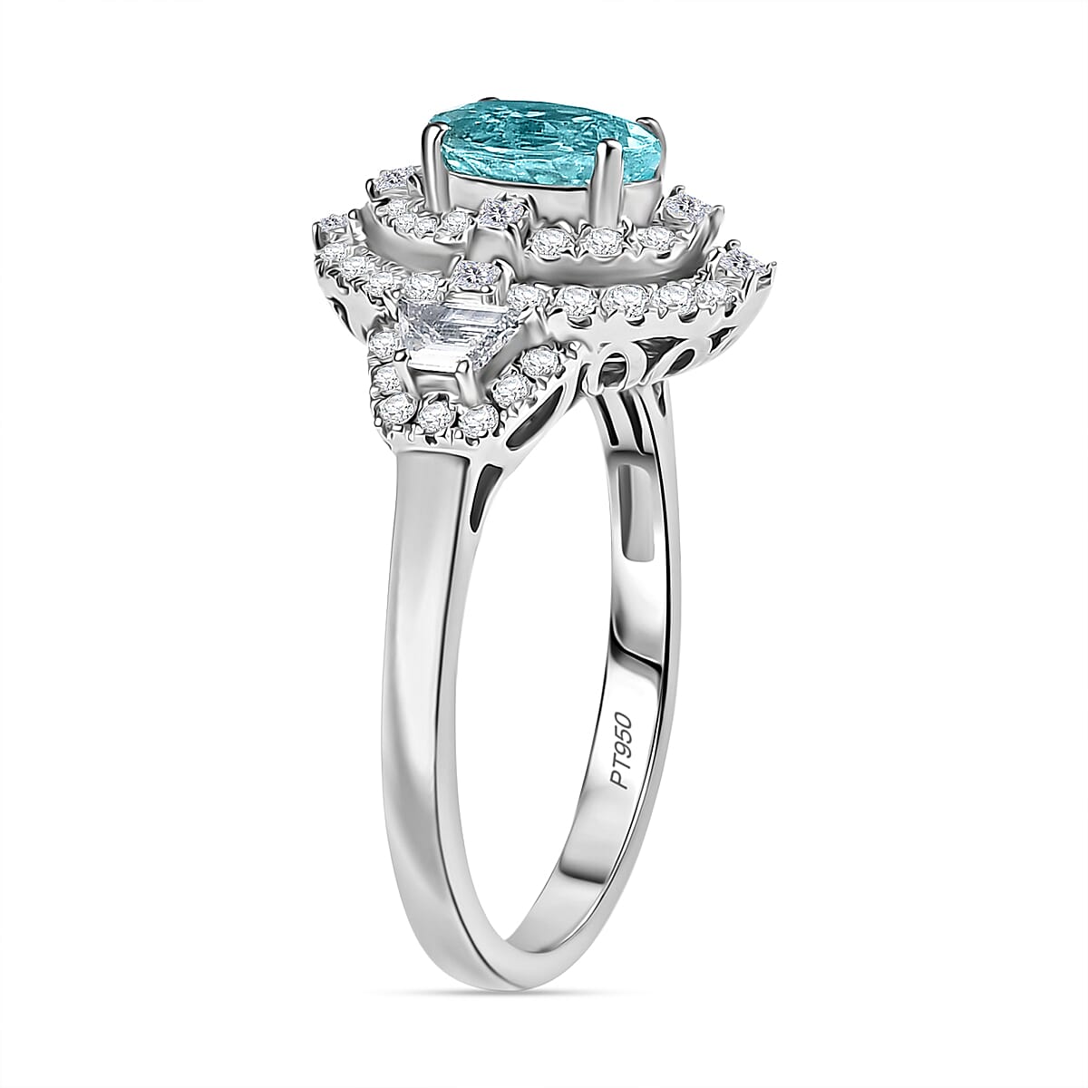 Certified & Appraised Rhapsody AAAA Paraiba Tourmaline and E-F VS2 Diamond 2.30 ctw Ring in 950 Platinum (Size 8.0) 7.25 Grams image number 3