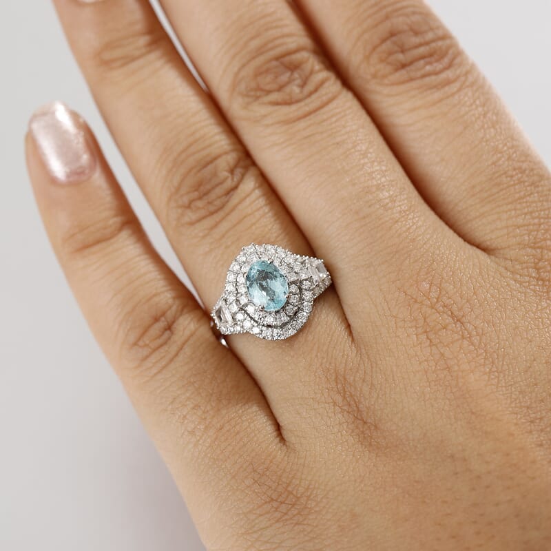 Rhapsody 950 Platinum AAAA Paraiba Tourmaline, Diamond (E-F, VS2) (1.10 cts) Ring (Size 8.5) (7.25 g) 2.30 ctw