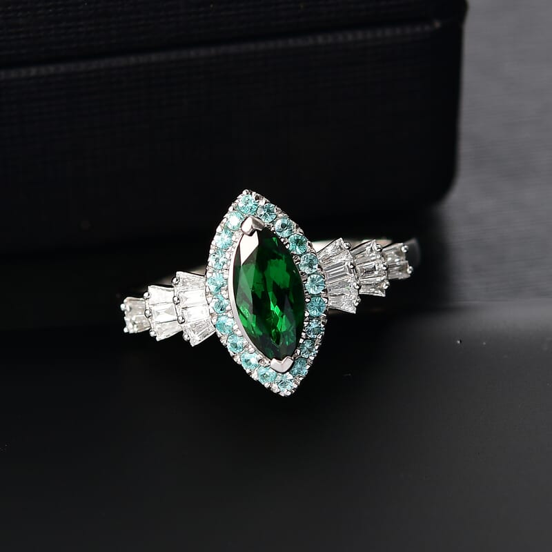 Certified & Appraised Rhapsody AAAA Tsavorite Garnet, Paraiba Tourmaline and E-F VS2 Diamond 1.50 ctw Ring in 950 Platinum (Size 10.0)