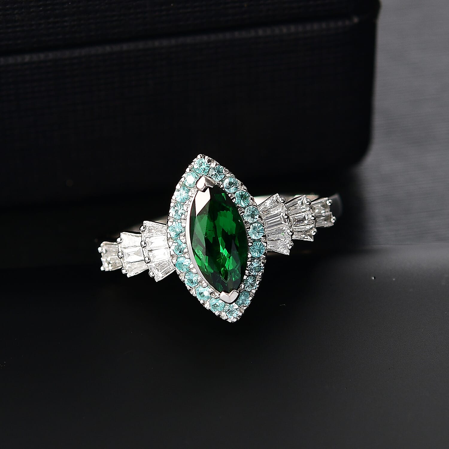 Certified & Appraised Rhapsody AAAA Tsavorite Garnet, Paraiba Tourmaline and E-F VS2 Diamond 1.50 ctw Ring in 950 Platinum (Size 6.0)