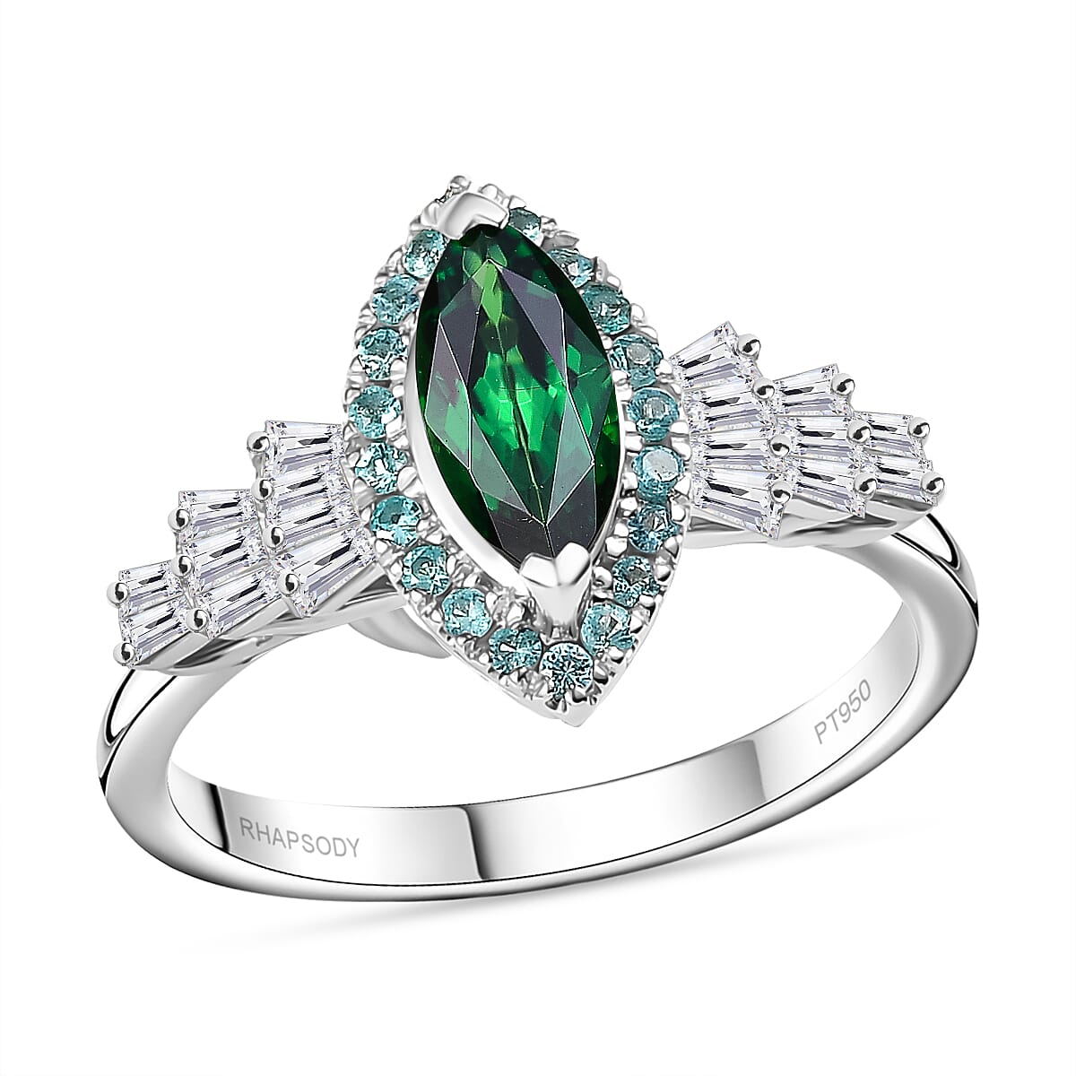 Certified & Appraised Rhapsody AAAA Tsavorite Garnet, Paraiba Tourmaline and E-F VS2 Diamond 1.50 ctw Ring in 950 Platinum (Size 8.0) image number 0