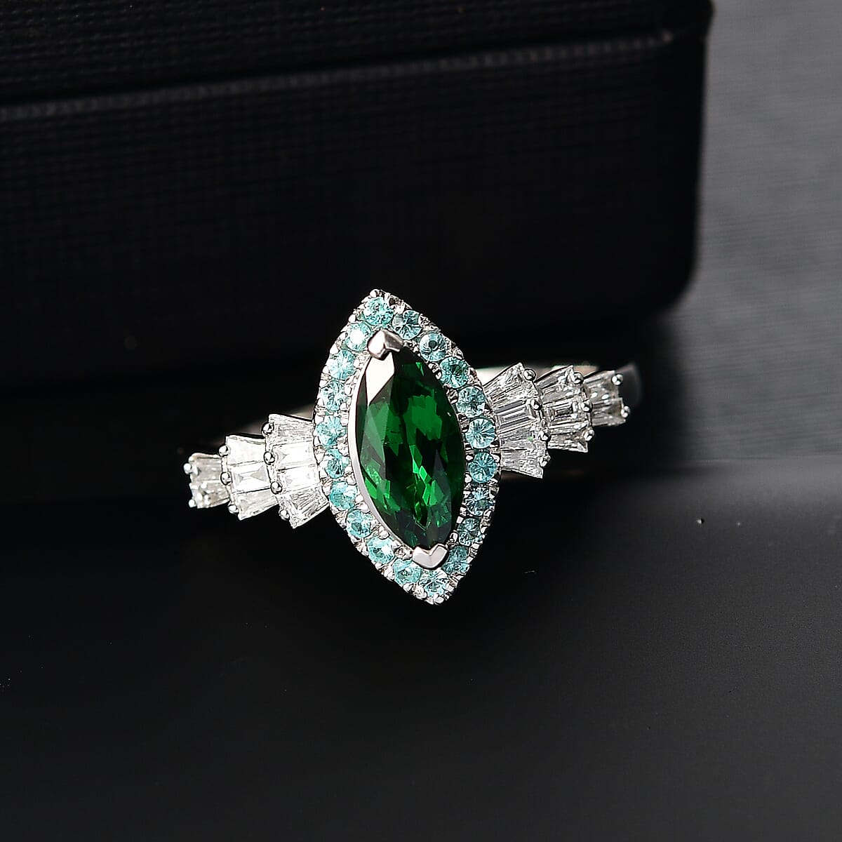 Certified & Appraised Rhapsody AAAA Tsavorite Garnet, Paraiba Tourmaline and E-F VS2 Diamond 1.50 ctw Ring in 950 Platinum (Size 9.0) image number 1