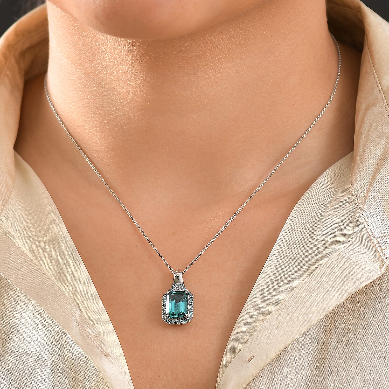 Rhapsody AAAA Lagoon Tourmaline, AAAA Paraiba Tourmaline and E-F VS2 Diamond 5.00 ctw Pendant in 950 Platinum