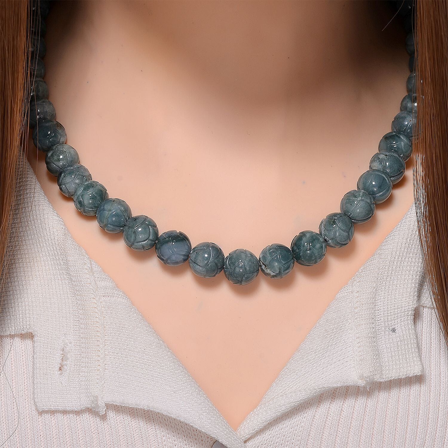 Olmec Jadeite 580.00 ctw Necklace in Rhodium Over Sterling Silver 20 Inches