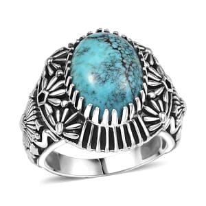D'Joy Artisan Crafted Blue Moon Turquoise 5.30 ctw Geometric Ring in Black Oxidized Sterling Silver (Size 10.0)
