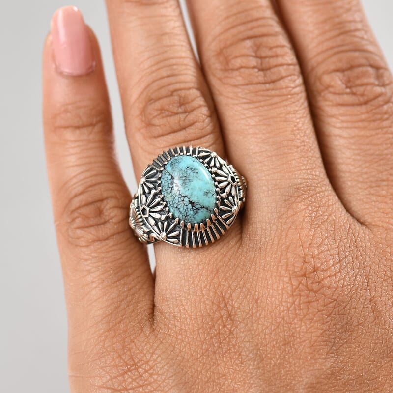 D'Joy Artisan Crafted Blue Moon Turquoise 5.30 ctw Geometric Ring in Black Oxidized Sterling Silver (Size 10.0)
