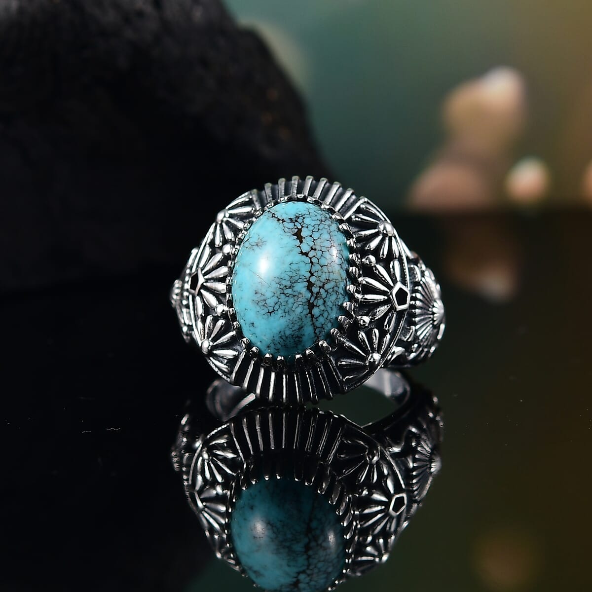 D'Joy Artisan Crafted Blue Moon Turquoise 5.30 ctw Geometric Ring in Black Oxidized Sterling Silver (Size 6.0) image number 1