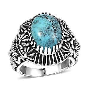 D'Joy Artisan Crafted Blue Moon Turquoise 5.30 ctw Geometric Ring in Black Oxidized Sterling Silver (Size 9.0)