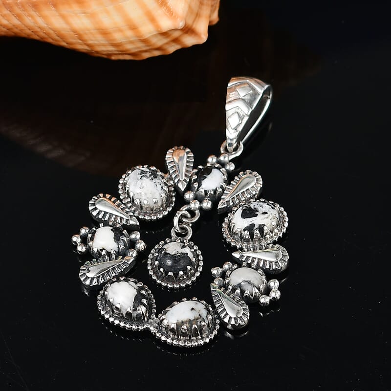 D'Joy Artisan Crafted White Buffalo 5.10 ctw Squash Blossom Pendant without Chain in Sterling Silver