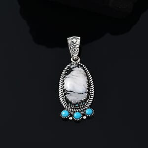 D'Joy Artisan Crafted White Buffalo and Sleeping Beauty Turquoise 13.35 ctw Southwest Pendant without Chain in Black Oxidized Sterling Silver