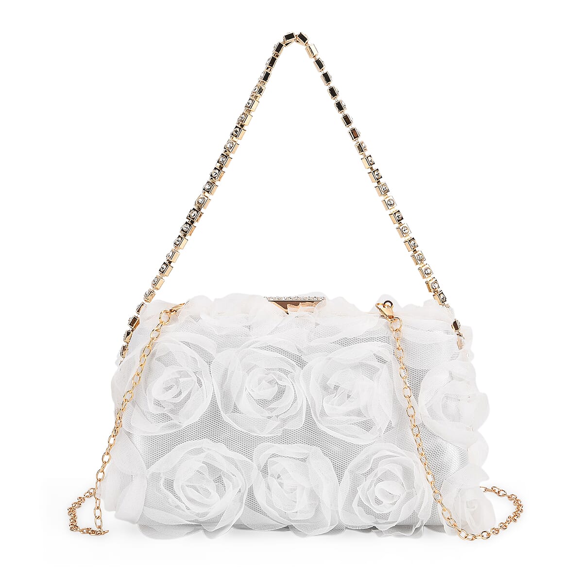 White 3D Flower Crystal Evening Clutch Bag with Shoulder Chain Strap image number 0