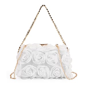 White 3D Flower Crystal Evening Clutch Bag with Shoulder Chain Strap