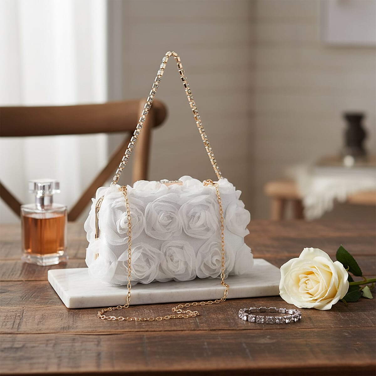 White 3D Flower Crystal Evening Clutch Bag with Shoulder Chain Strap image number 1