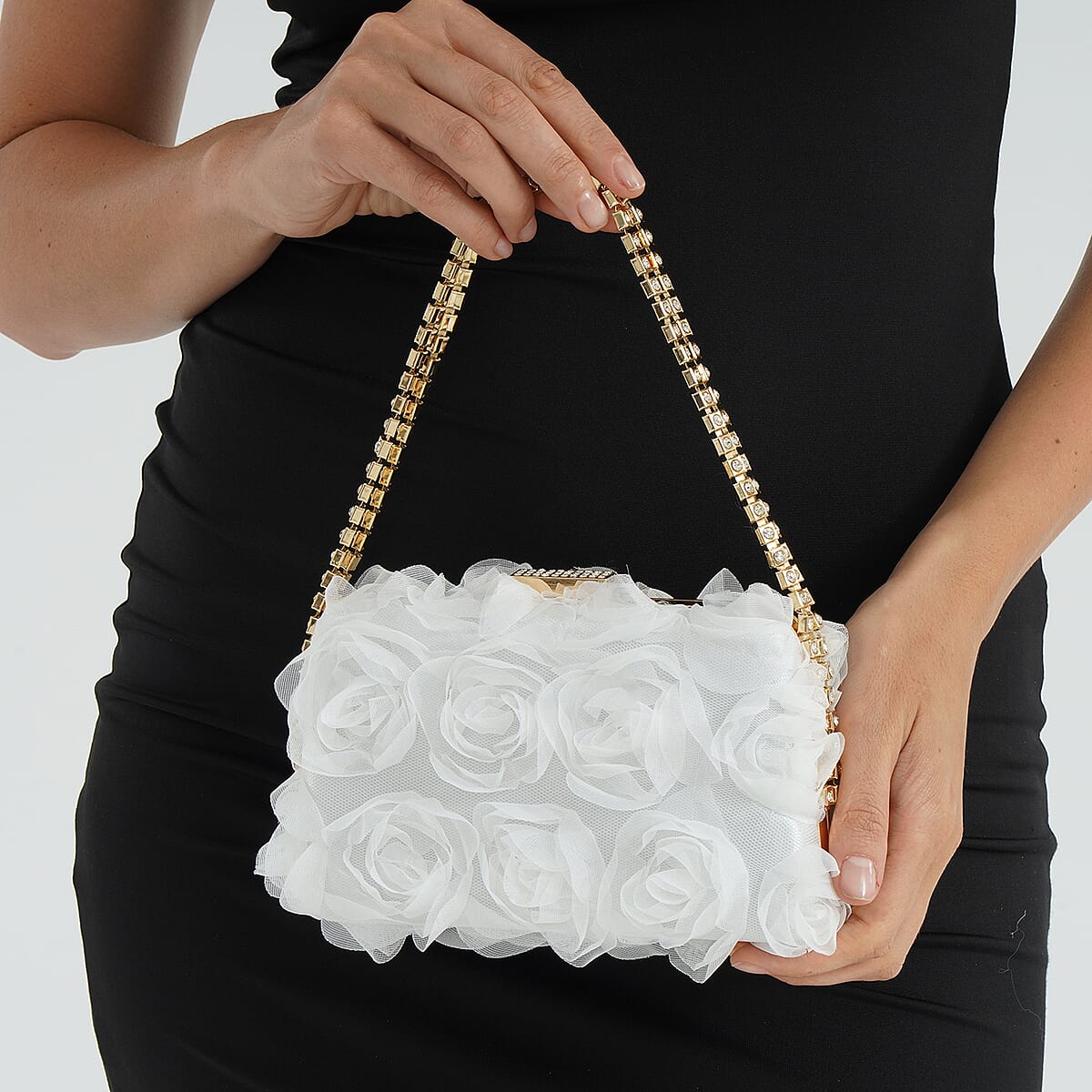 White 3D Flower Crystal Evening Clutch Bag with Shoulder Chain Strap image number 3