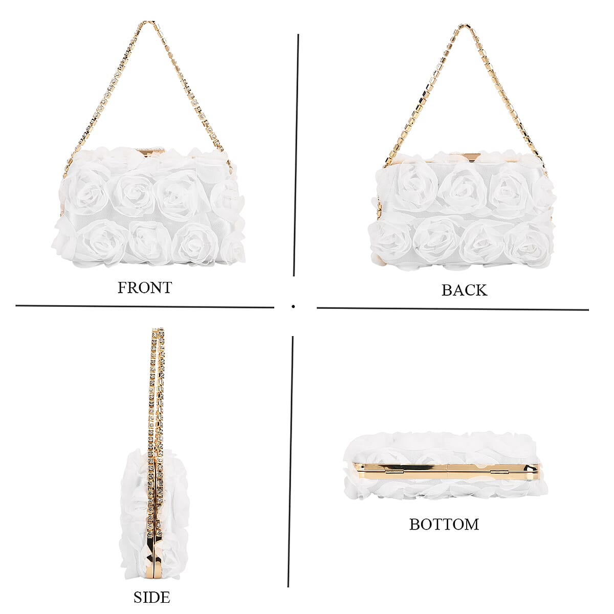 White 3D Flower Crystal Evening Clutch Bag with Shoulder Chain Strap image number 4