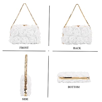 White 3D Flower Crystal Evening Clutch Bag with Shoulder Chain Strap