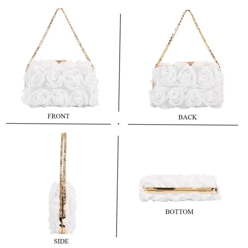 White 3D Flower Crystal Evening Clutch Bag with Shoulder Chain Strap