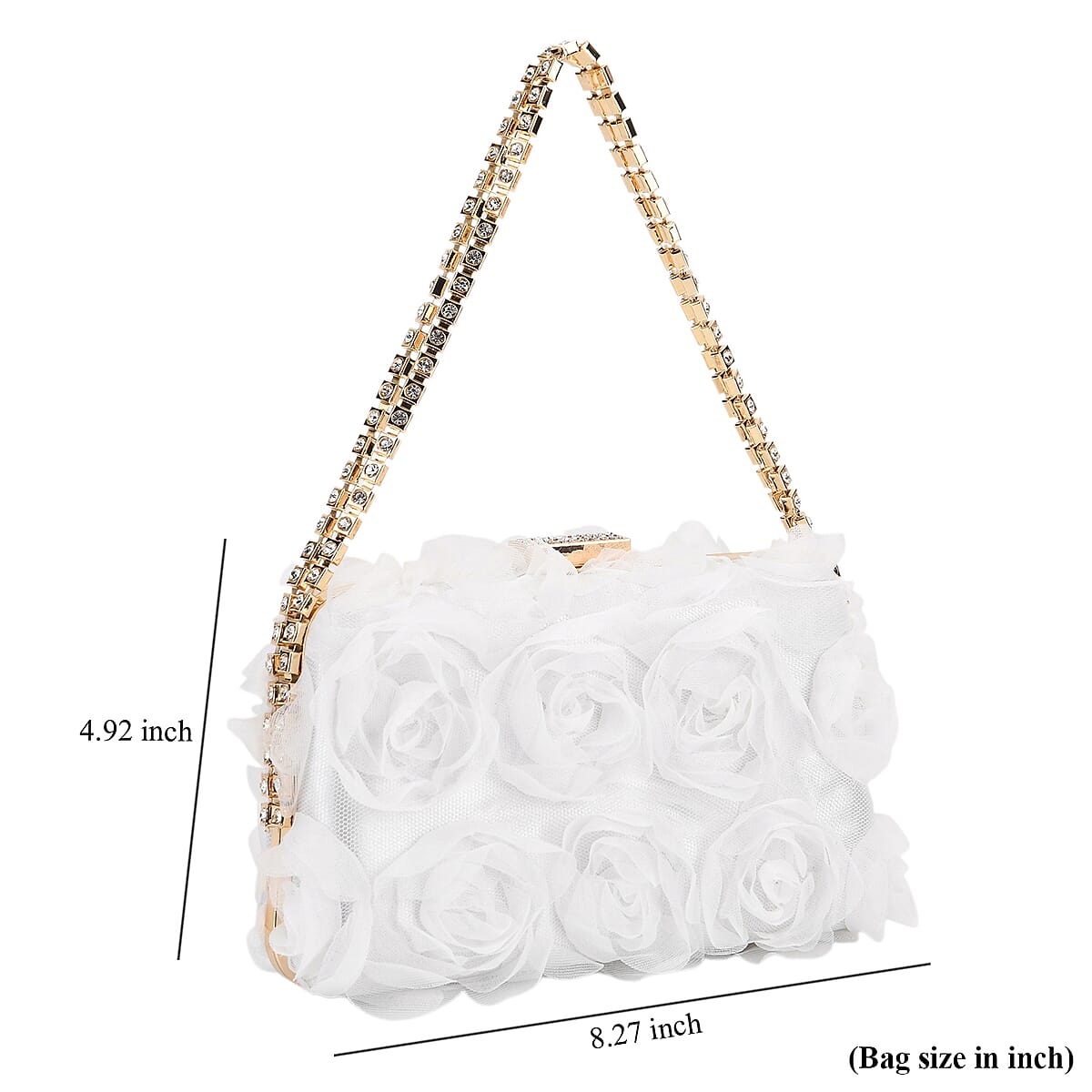 White 3D Flower Crystal Evening Clutch Bag with Shoulder Chain Strap image number 6