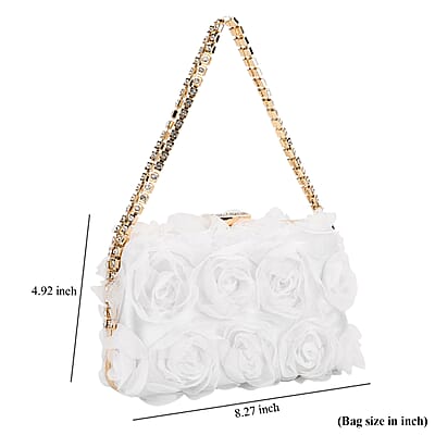 White 3D Flower Crystal Evening Clutch Bag with Shoulder Chain Strap