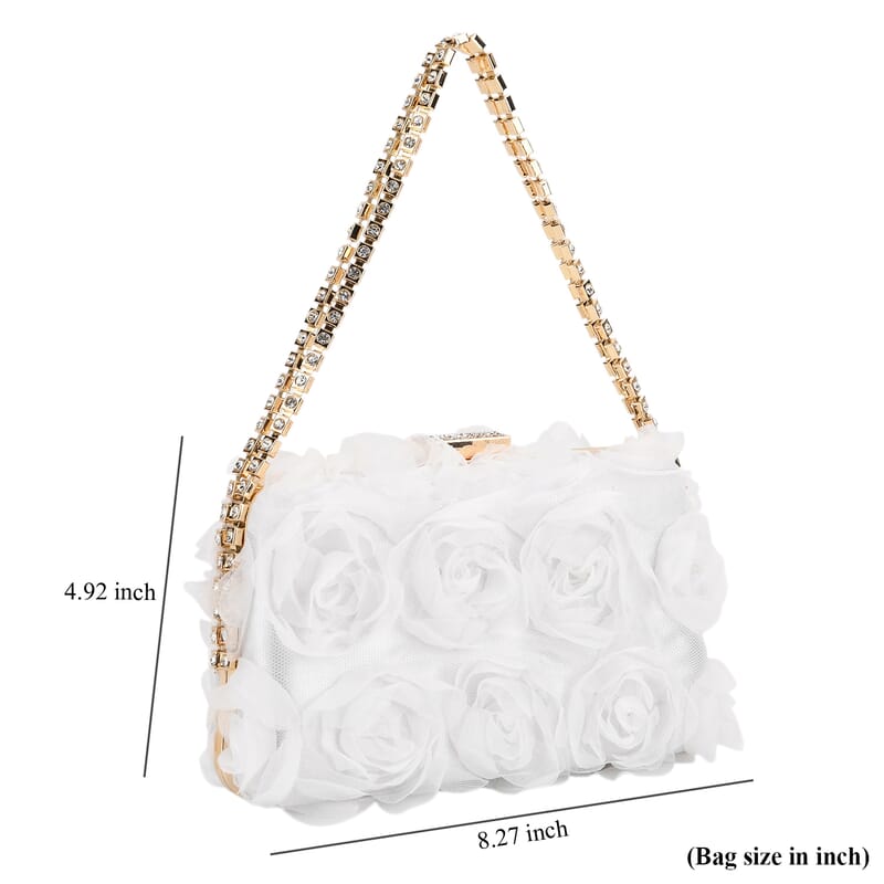 White 3D Flower Crystal Evening Clutch Bag with Shoulder Chain Strap