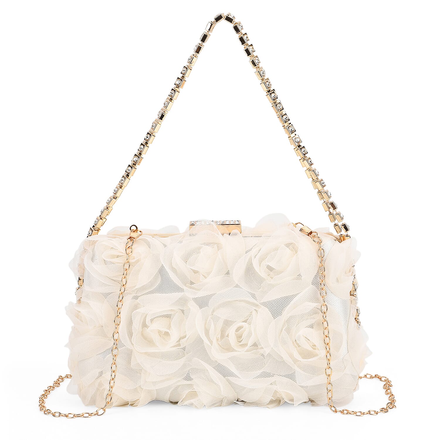 White 3D Flower Crystal Evening Clutch Bag (8.27"x4.92") with Shoulder Chain Strap