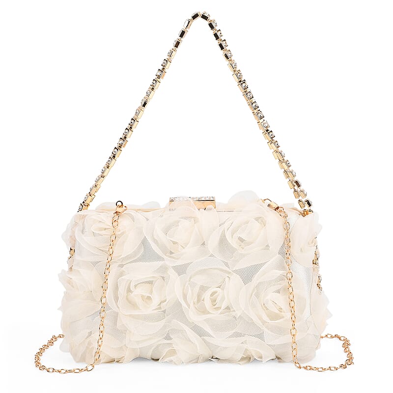 Beige 3D Flower Crystal Evening Clutch Bag with Shoulder Chain Strap