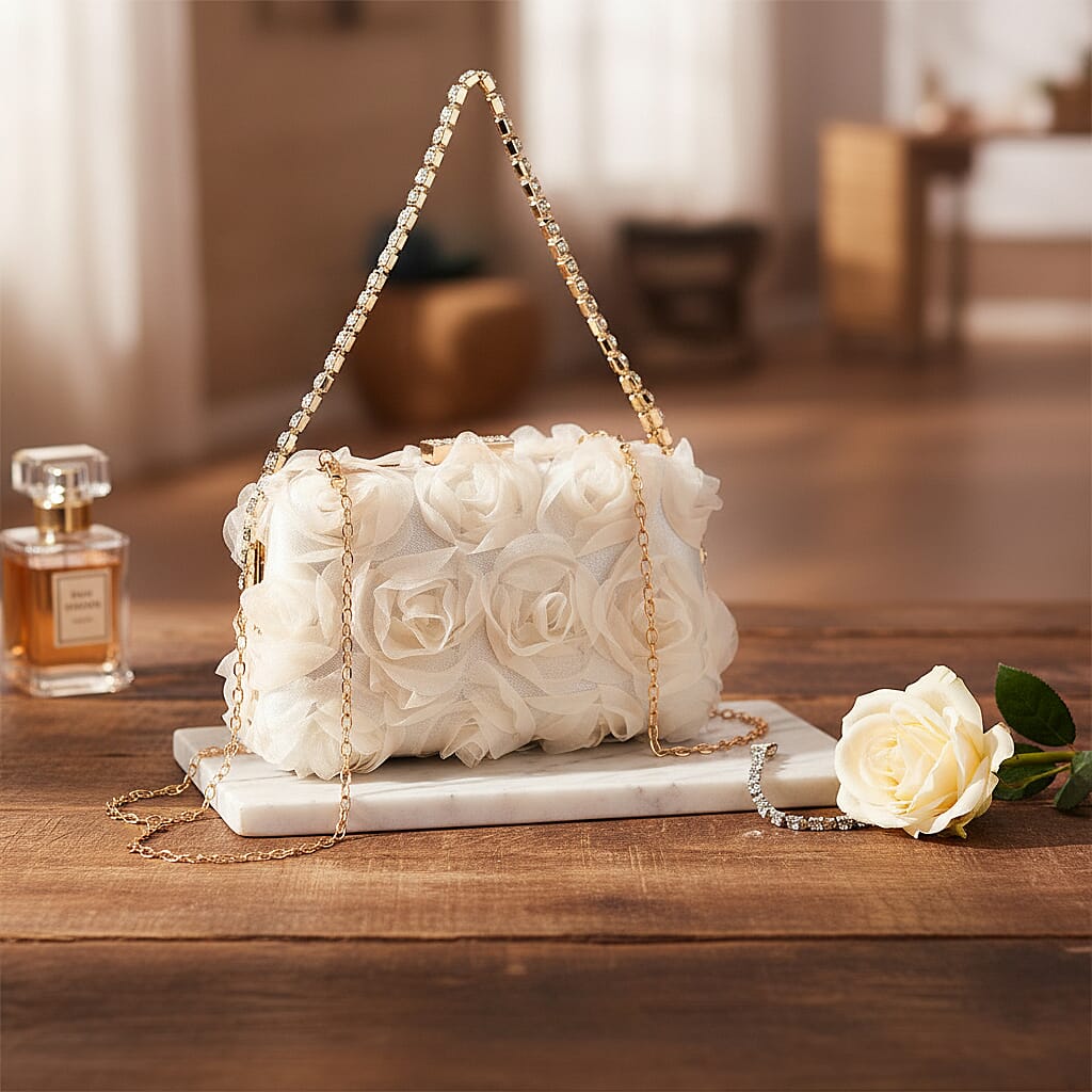 Beige 3D Flower Crystal Evening Clutch Bag with Shoulder Chain Strap