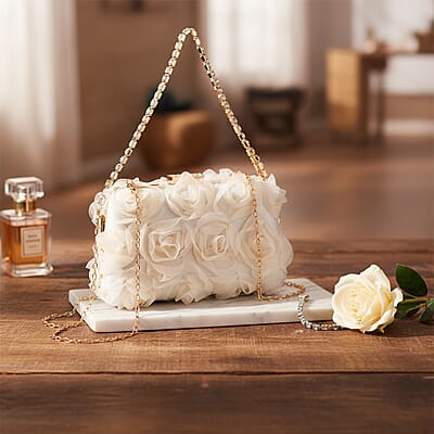 Beige 3D Flower Crystal Evening Clutch Bag with Shoulder Chain Strap