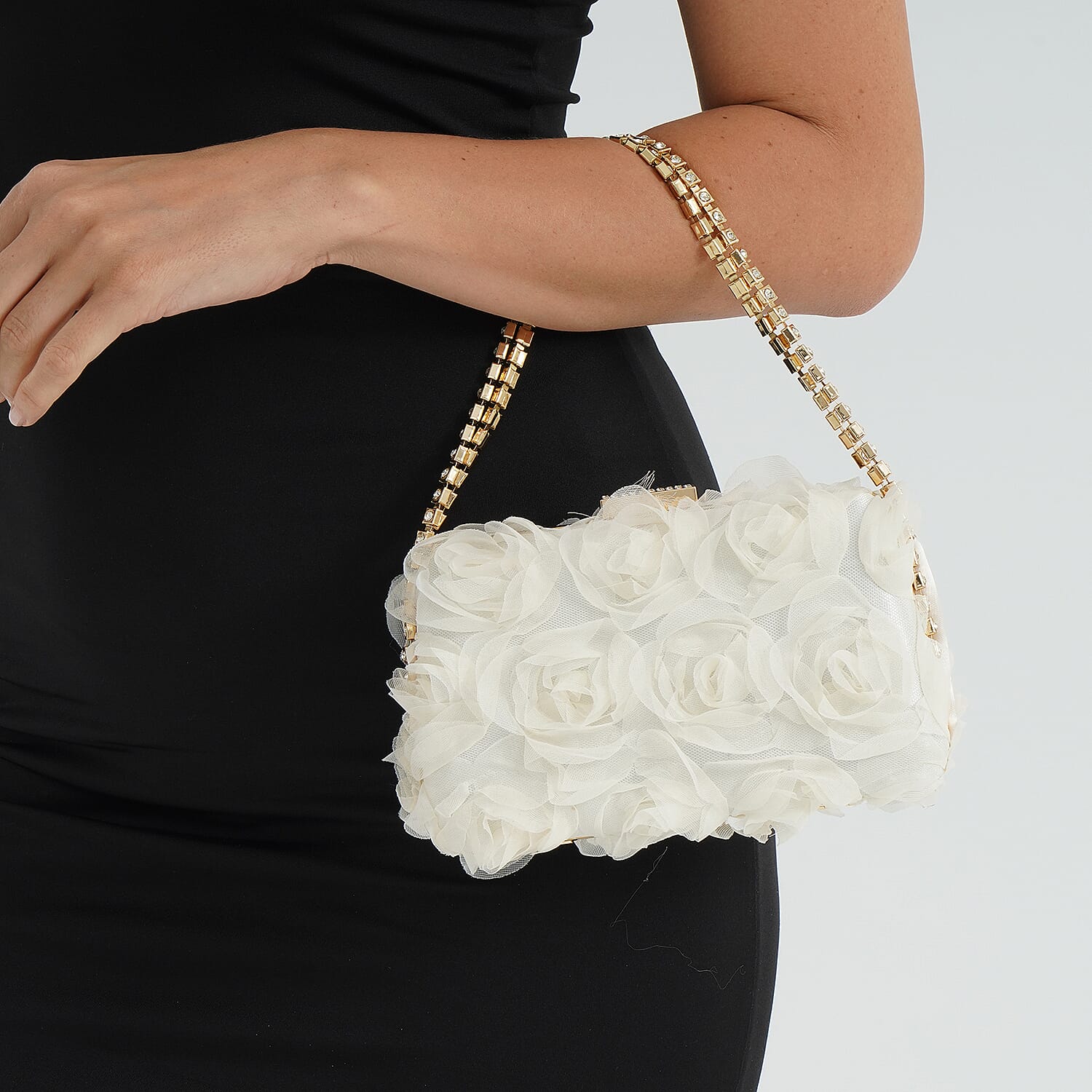 Beige 3D Flower Crystal Evening Clutch Bag with Shoulder Chain Strap