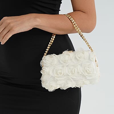 Beige 3D Flower Crystal Evening Clutch Bag with Shoulder Chain Strap