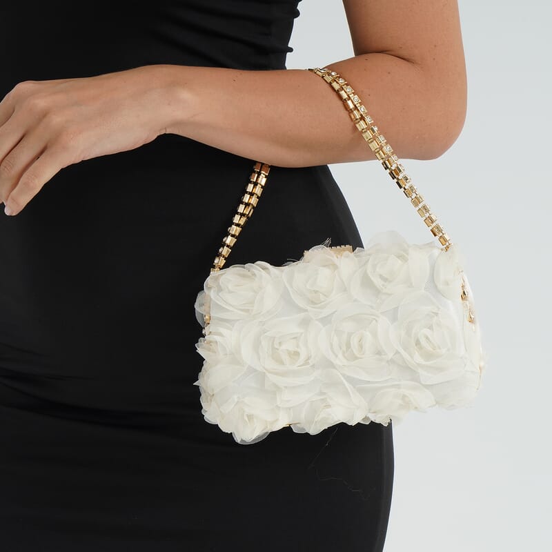 Beige 3D Flower Crystal Evening Clutch Bag with Shoulder Chain Strap