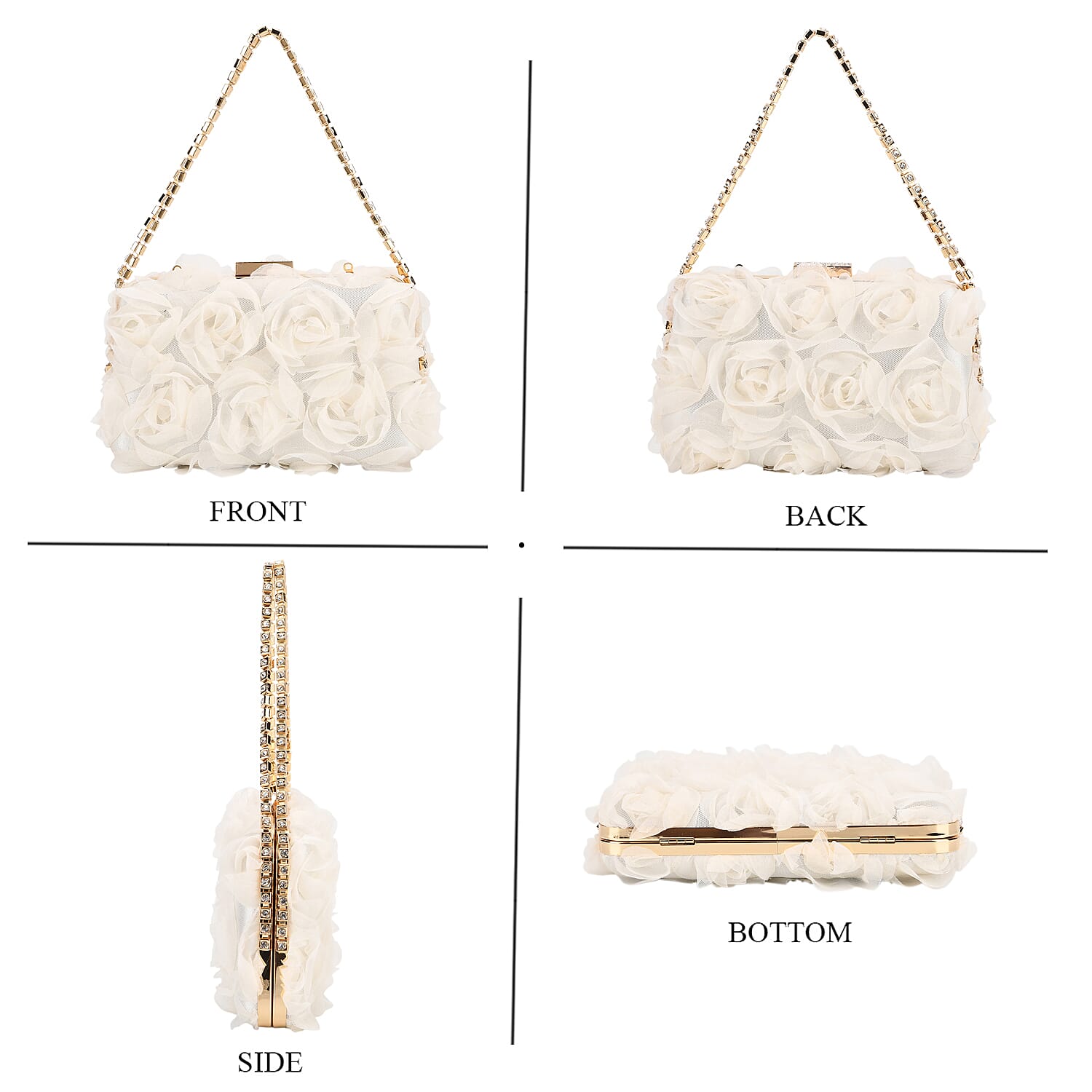 Beige 3D Flower Crystal Evening Clutch Bag with Shoulder Chain Strap