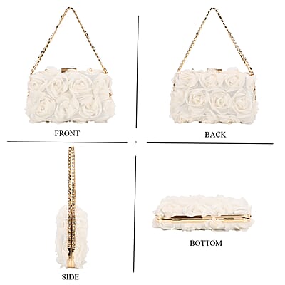 Beige 3D Flower Crystal Evening Clutch Bag with Shoulder Chain Strap