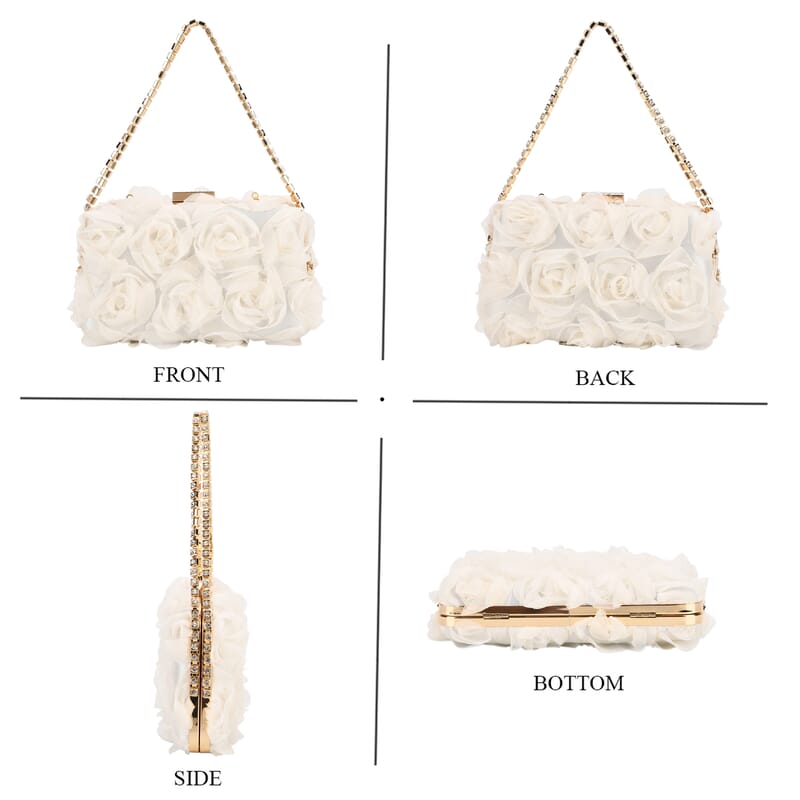 Beige 3D Flower Crystal Evening Clutch Bag with Shoulder Chain Strap