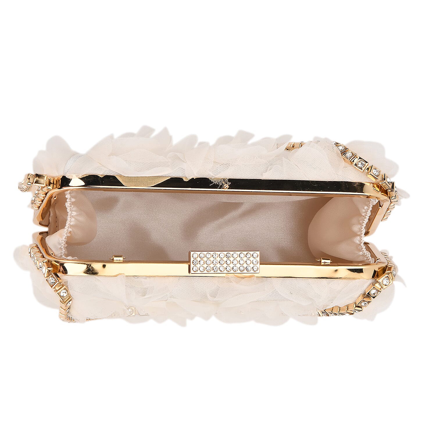 Beige 3D Flower Crystal Evening Clutch Bag with Shoulder Chain Strap