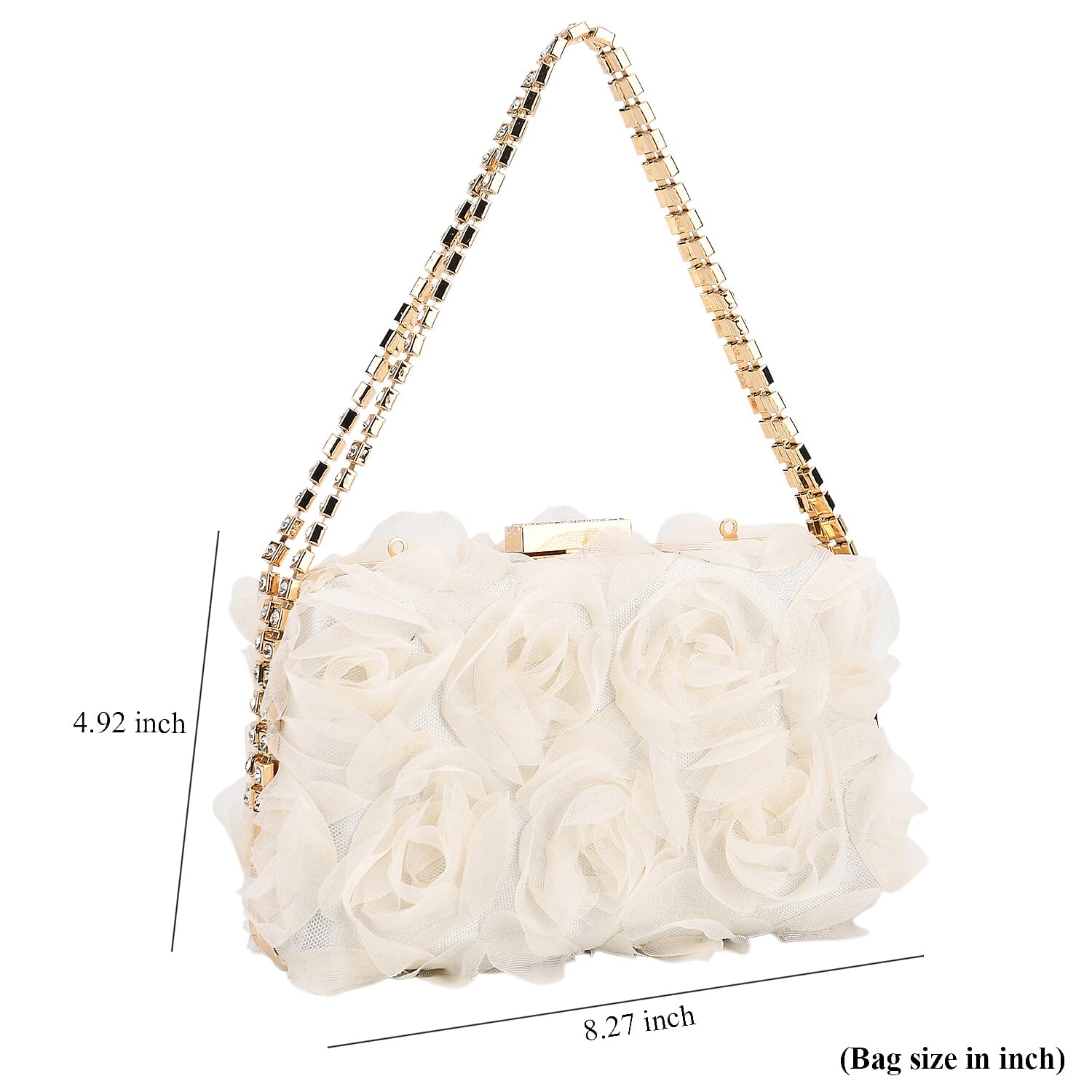 Beige 3D Flower Crystal Evening Clutch Bag with Shoulder Chain Strap