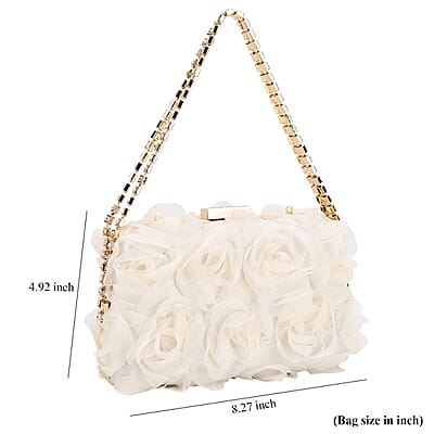 Beige 3D Flower Crystal Evening Clutch Bag with Shoulder Chain Strap
