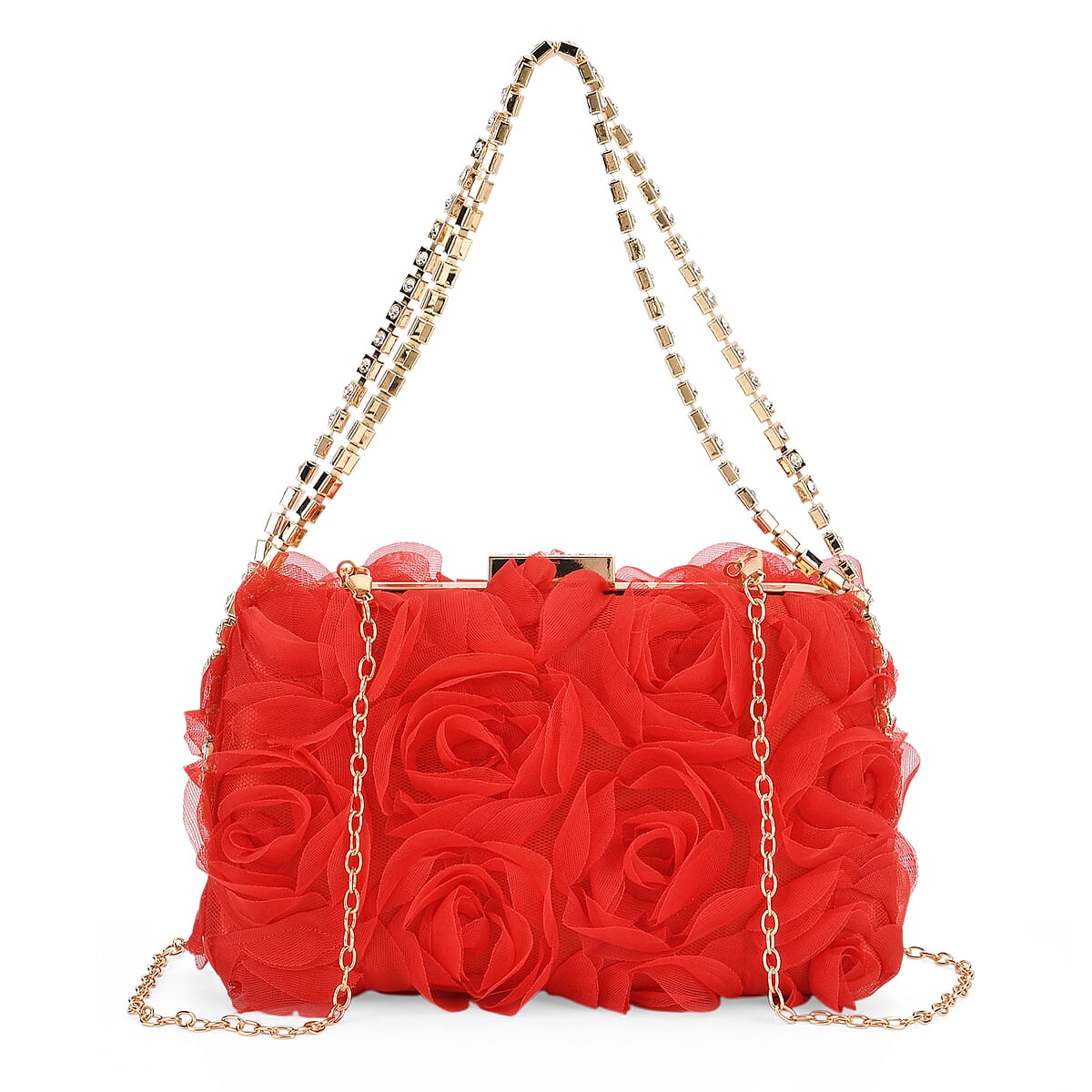 Red 3D Flower Crystal Evening Clutch Bag with Shoulder Chain Strap image number 0