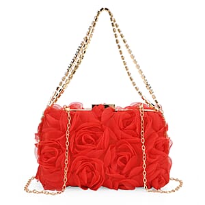 Red 3D Flower Crystal Evening Clutch Bag with Shoulder Chain Strap