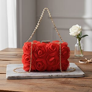Red 3D Flower Crystal Evening Clutch Bag with Shoulder Chain Strap