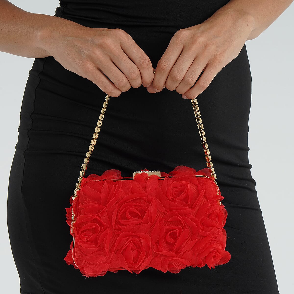Red 3D Flower Crystal Evening Clutch Bag with Shoulder Chain Strap image number 3